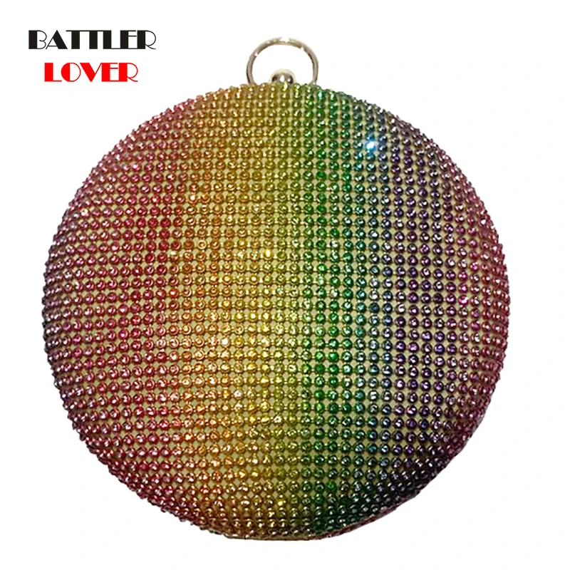 

Colorful Diamond Evening Bag Round Shape Women's Wedding Clutch Purse and Handbag for Female Luxury Party Chain Shoulder Bag