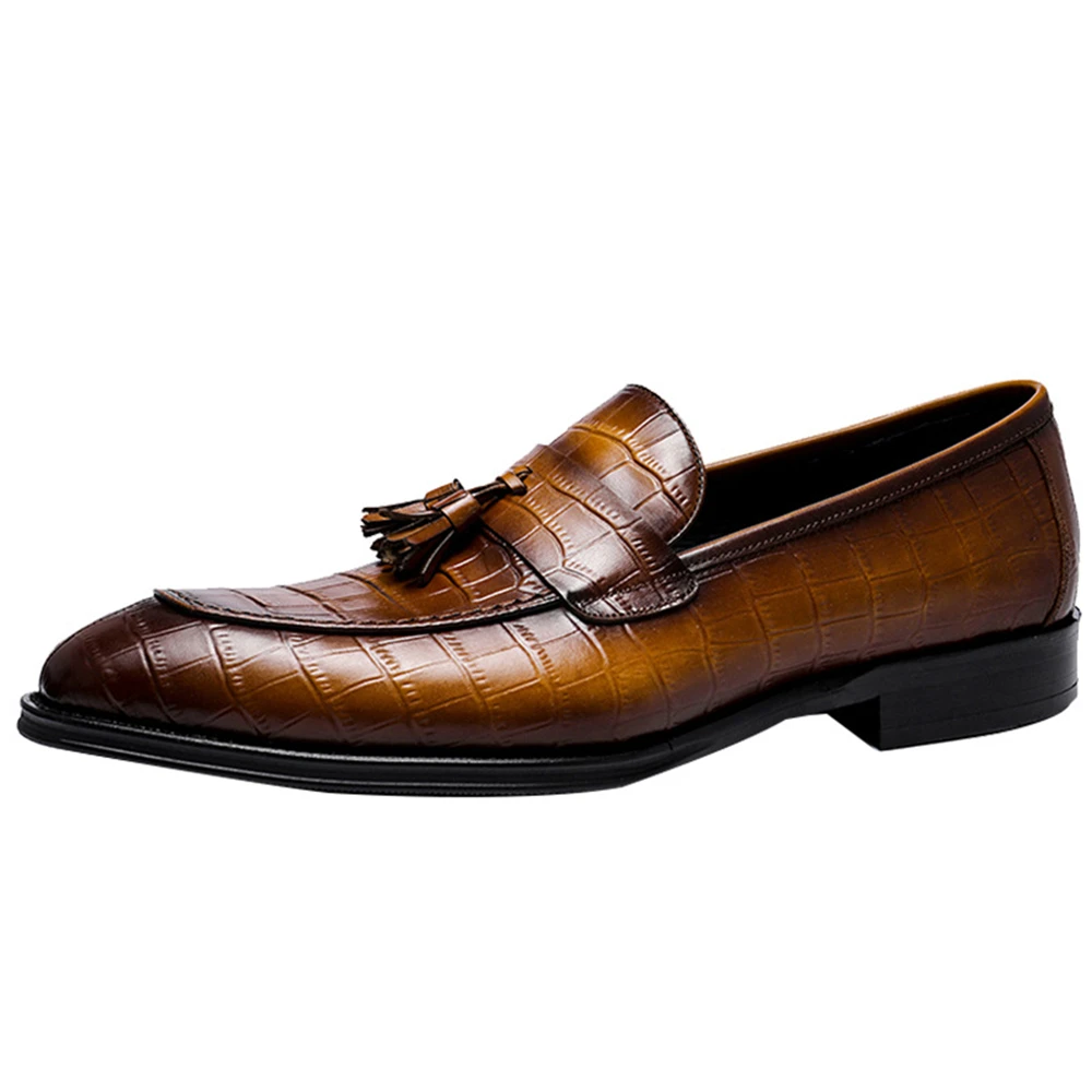 

Men's British Style Genuine Leather Business Casual Tassel Plaid Embossing Slip-on Shoes