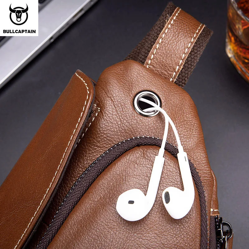 BULLCAPTAIN men's leather retro fashion chest bag first layer cowhide messenger bag outdoor sports leisure multifunctional bag