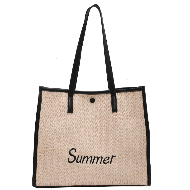 

Casual Large Capacity Tote Straw Bags Rattan Women Shoulder Bag Summer Beach Bag Letters Big Shopper Purses Lady Travel Sac 2021