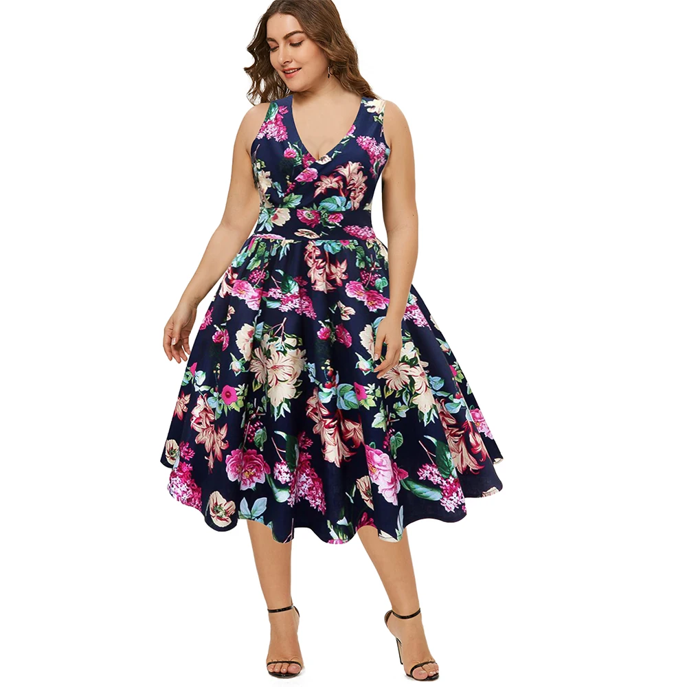 Женское винтажное платье большого размера плюс без рукавов с цветочным принтом