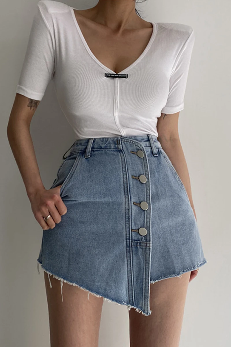 

Korejpaa Women Pants 2021 Summer Korean Chic Ladies All-Match Oblique Side Button Bag Hips Irregular Raw Edges Washed Blue Jeans