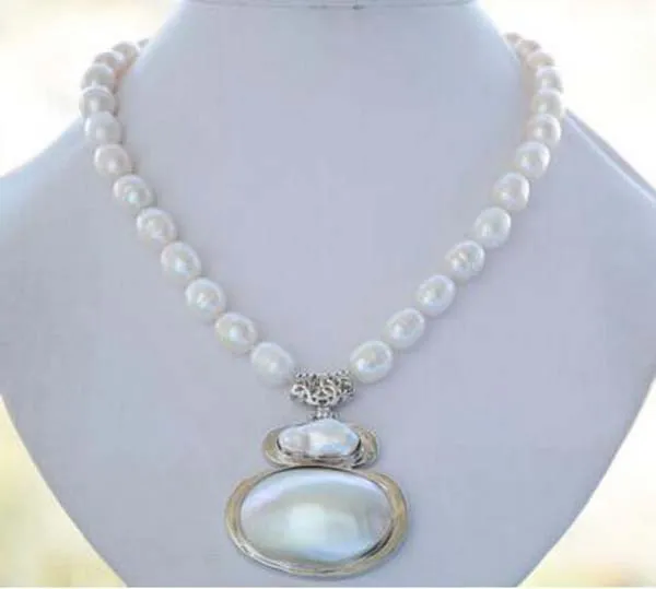 

11--12mm NATURE WHITE RICE freshwater pearl NECKLACE MABE PENDANT 17inch 5.5