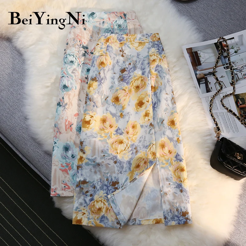 

Женская юбка с разрезом Beiyingni, модная летняя облегающая юбка с цветочным принтом, шикарная уличная одежда, женские милые элегантные юбки