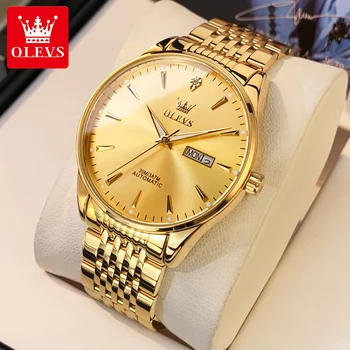 OLEVS Luxury Golden Automatic Mechanical Watch for Men 30M Waterproof Calendar Luminous Stainless Steel Elegant Man Wristwatches