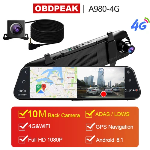 A980 with 10M Camera Android 8,1 4G Автомобильный видеорегистратор 1" поток зеркало заднего вида FHD 1080P ADAS DashCam камера видеорегистратор авто регистратор видеорегистратор gps Видеорегистраторы - Название цвета: A980 with 10M Camera