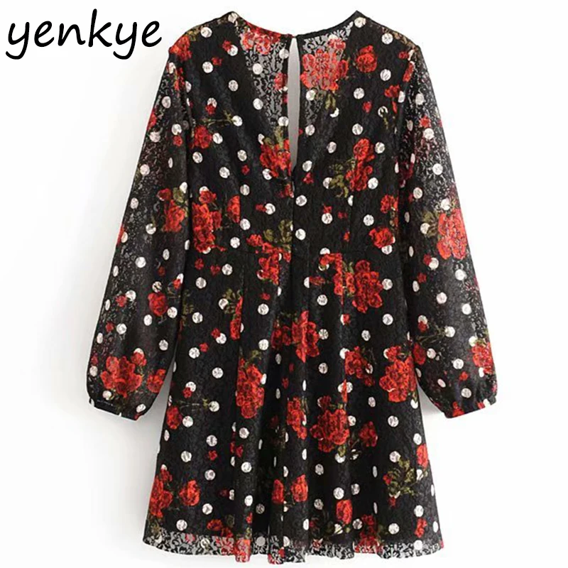 Женское винтажное мини платье с цветочным принтом элегантное v образным вырезом