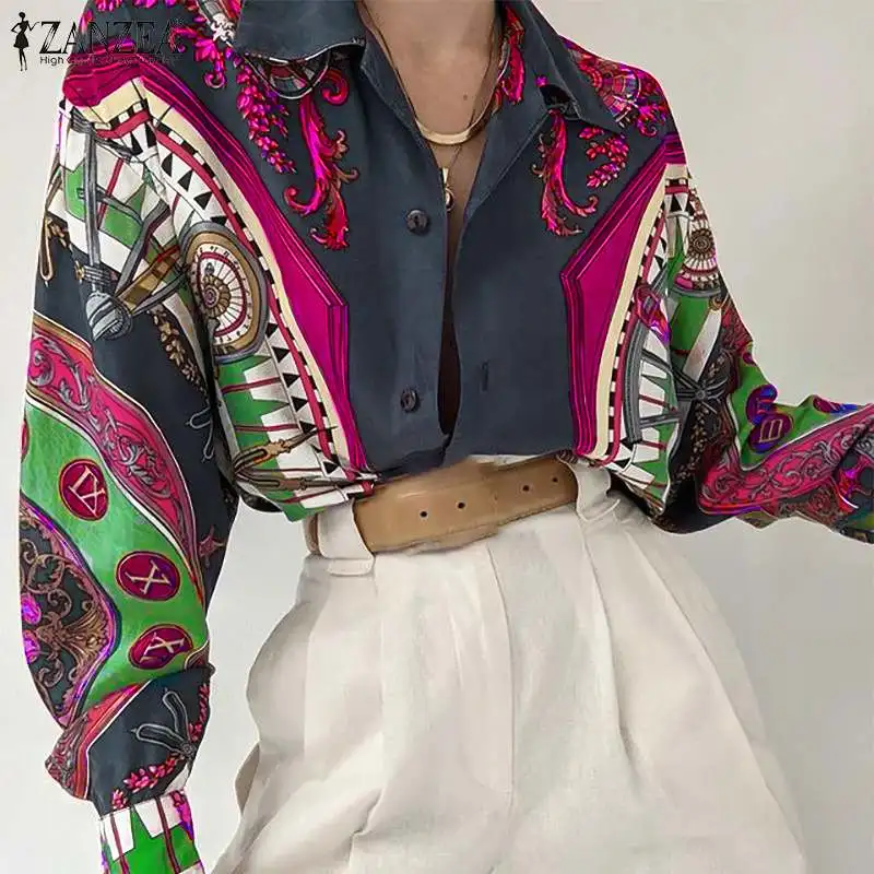 

2022 Vintage Kaftan Printed Shirt Women ZANZEA Spring Autumn Long Sleeve Tops Casual Office Lady Loose Oversized Blusa Femininas