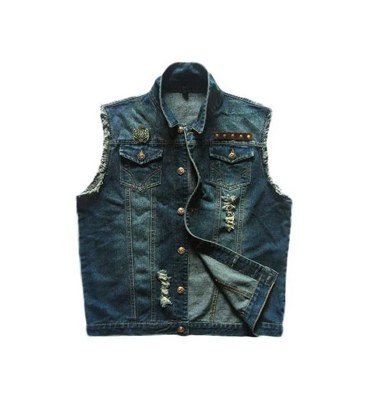 

Жилет мужской из джинсовой ткани, ковбойский Байкерский жилет из денима с дырками, мотоциклетная куртка без рукавов