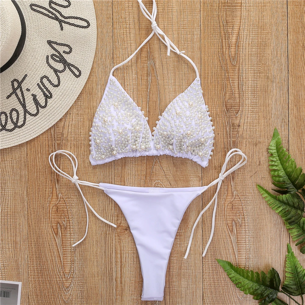 Sexy Faux Pearl Bikini Set Luxury Full Rhinestone Two Pieces Bra Wear Women 2020 Bling Elastic Bandage Diamond Underwear Bras