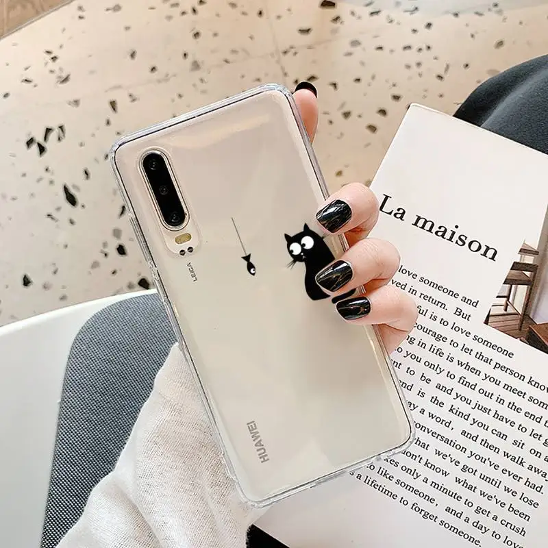 

Cute cat black cat cartoon Phone Case Transparent for Samsung A71 S9 10 20 HUAWEI p30 40 honor 10i 8x xiaomi note 8 Pro 10t 11