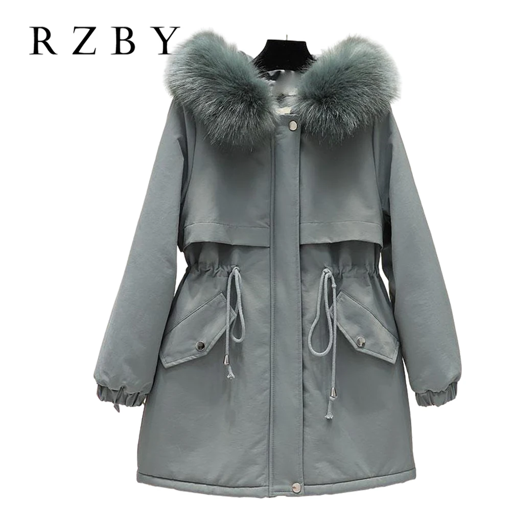 

Куртка женская с меховым воротником, хлопковые парки средней длины, модная куртка с регулируемой талией, зимняя женская куртка RZBY747