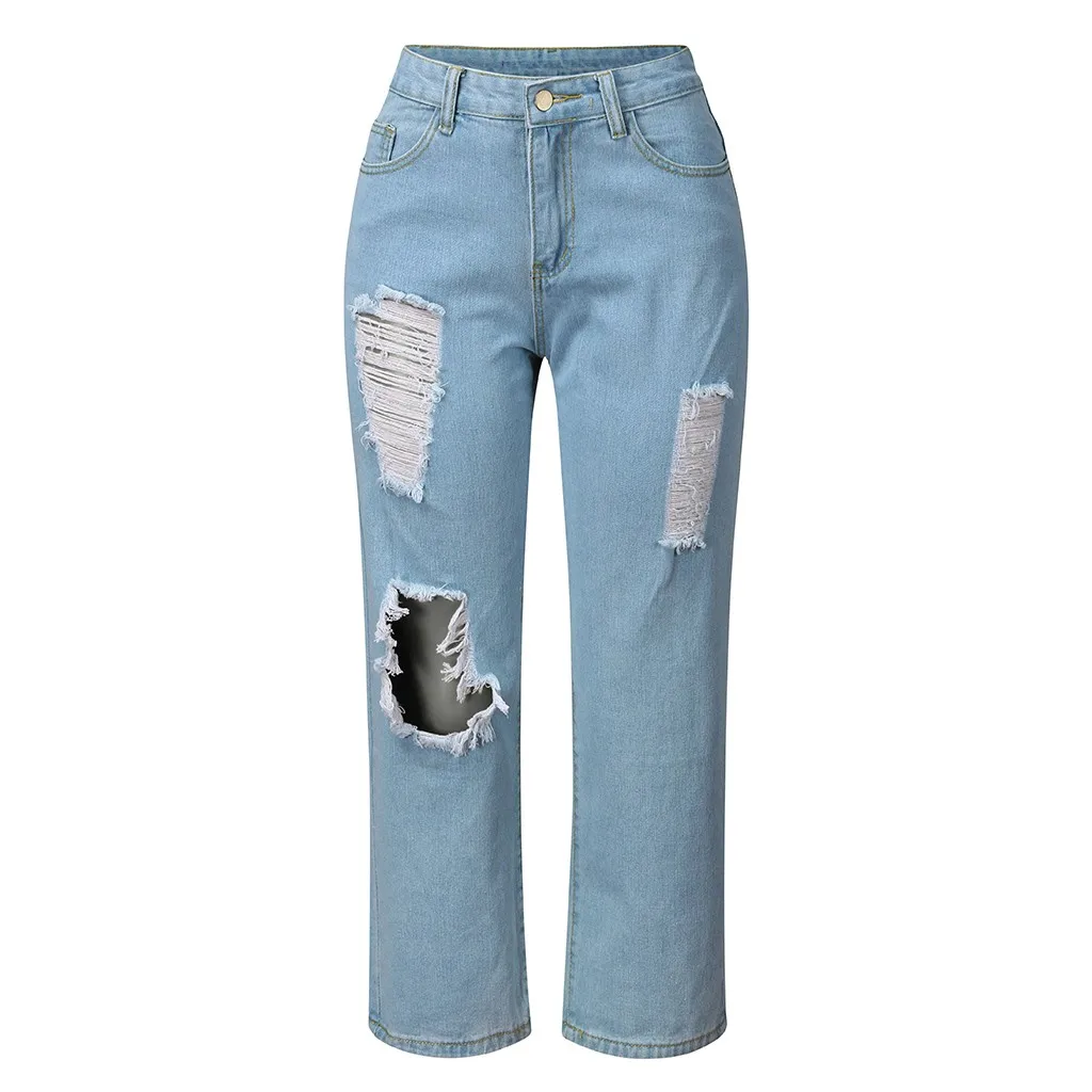 Женские рваные джинсы синие свободные винтажные женские модные с высокой талией