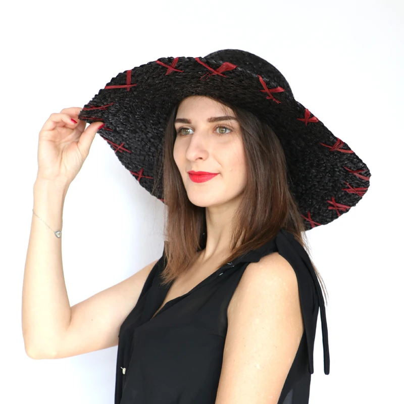 Женская соломенная шляпа с широкими полями Пляжная Шляпа Fedora UPF50 + |