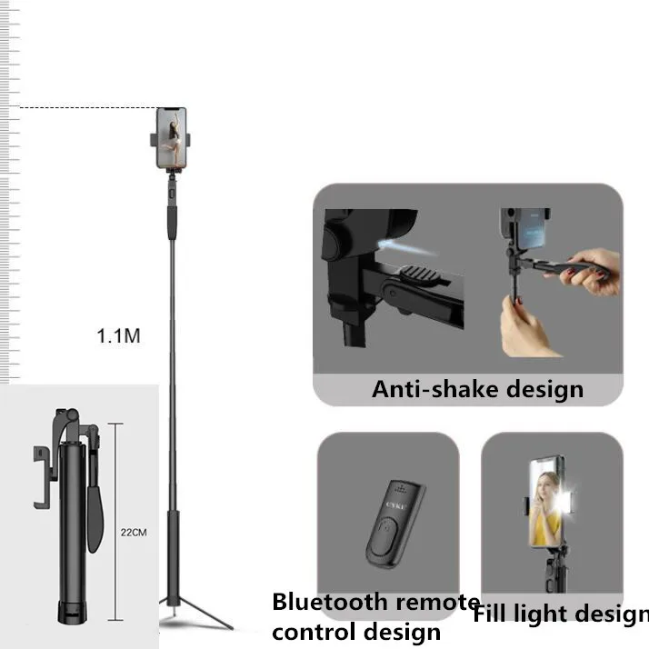 1100mm Bluetooth пульт дистанционного управления Gimbal стабилизация селфи палка со светодиодный светильник Запись видео штатив для iPhone& Andriod прямая трансляция - Цвет: 1100mm