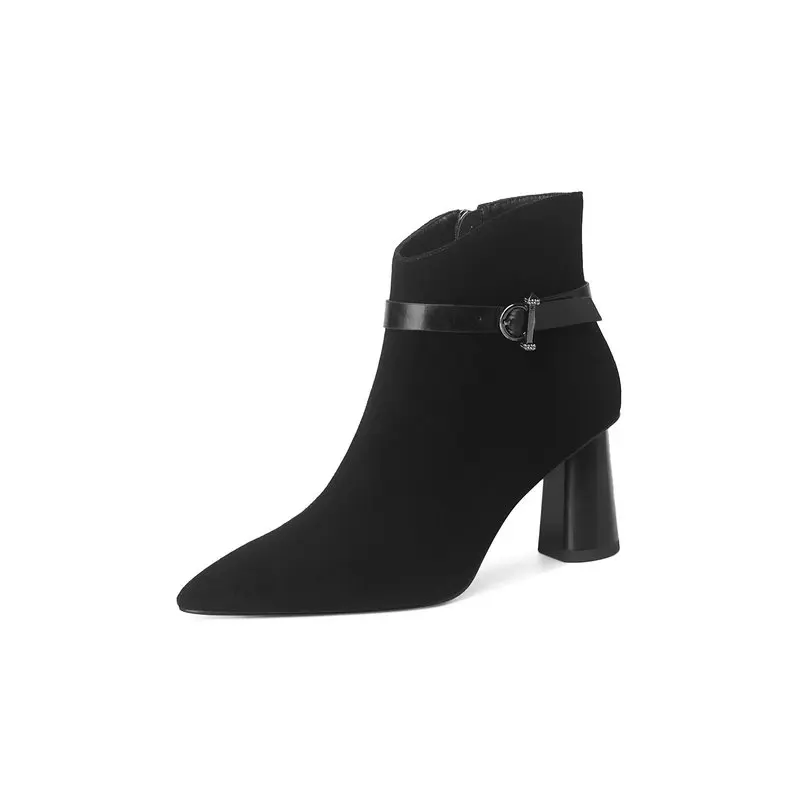 

Classic Design Metal Buckle Women Ankle Boots Suede Leather Side Zipper High Heels Pumps Winter Wedding Prom Shoes Woman