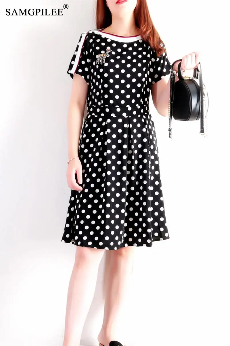 

2020 Women Summer Clothing Casual Dress A-line Dot Short Sleeve Elegant Dress Appliques Empire Slash Neck Dresses For Women 3XL