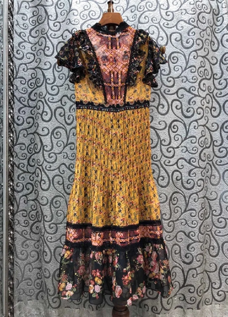 

Fashion Latest Designer Dress 2021 Summer Women Vintage Flower Print Ruffle Flower Patchwork Short Sleeve Mid-Calf Pleated Dress
