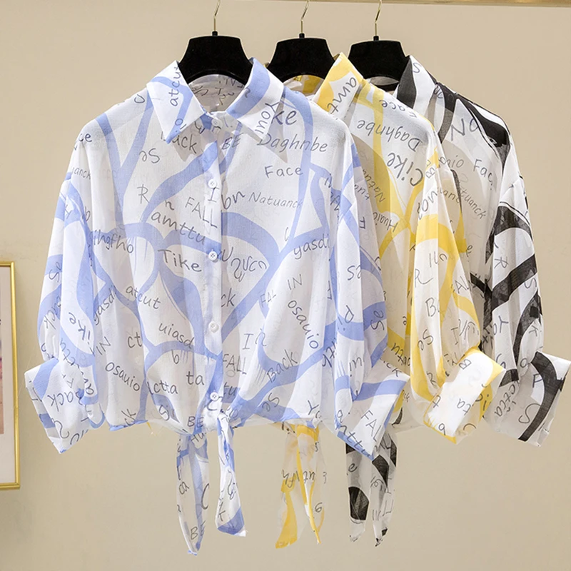 

С винтажным принтом шифоновая блузка для женщин 2021 летние с коротким рукавом Прозрачная блузки топы размера плюс тонкие рубашки блузки для ...