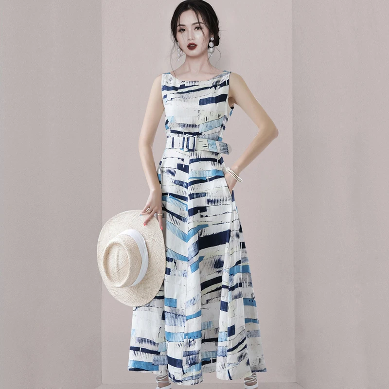

Printed Sleeveless Summer Dress Hanbok Office Fashion Belt Waistband Vacation Gown Sundress Women Vestidos