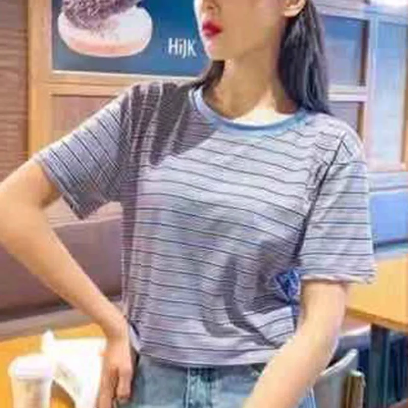 

Summer Korean Version Of The New Hit Color Stripes All-Match Short-Sleeved T-Shirt Women Loose Top Bottoming Shirt