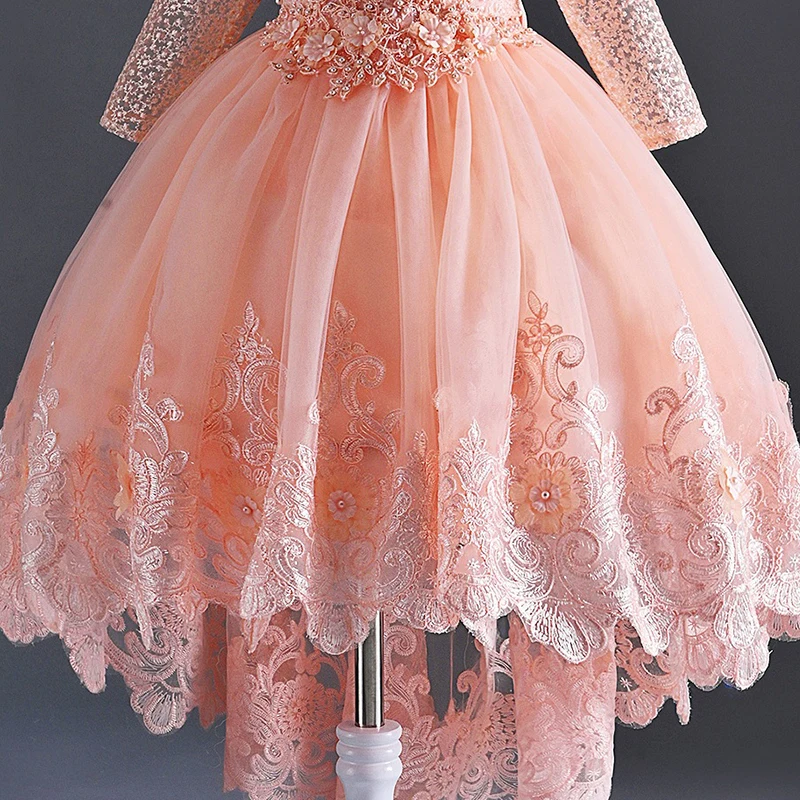 

Flower Girls Dresses Illusion Full Lace Appliques Embroidery Pearls O-Neck Knee-Length Luxury Pink Kids Party Princess Gown F498