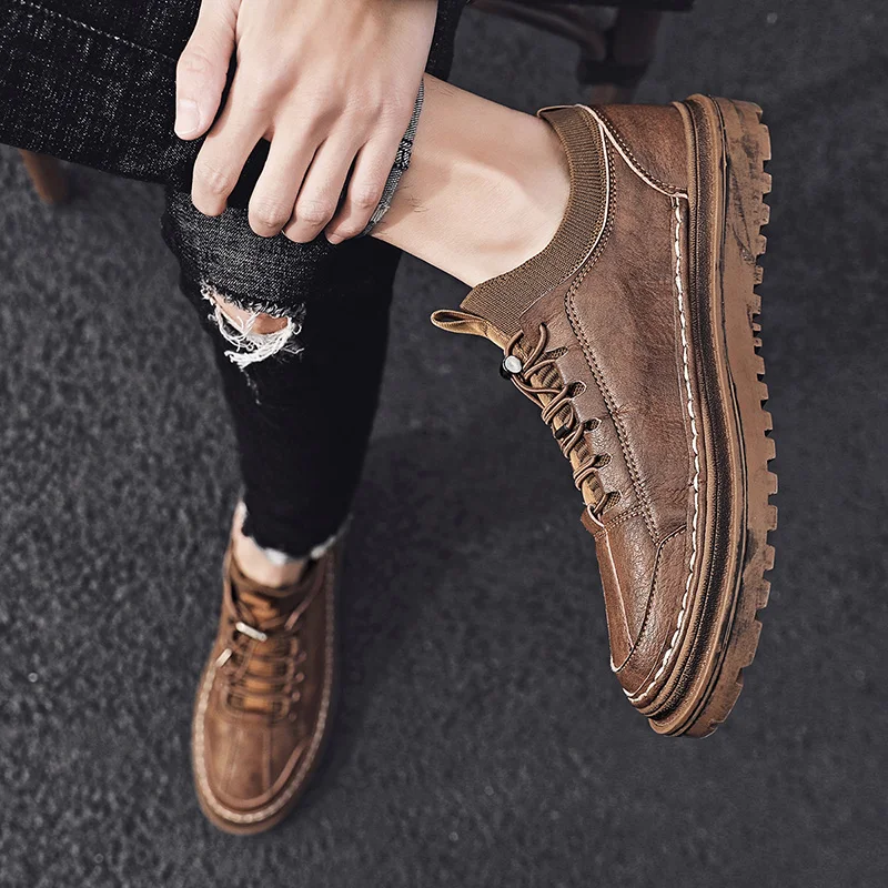 Man Leather Shoes Design Casual Male Spring Autumn Genuine slip on fashion Walking Footwear Handmade Men's shoes | Обувь