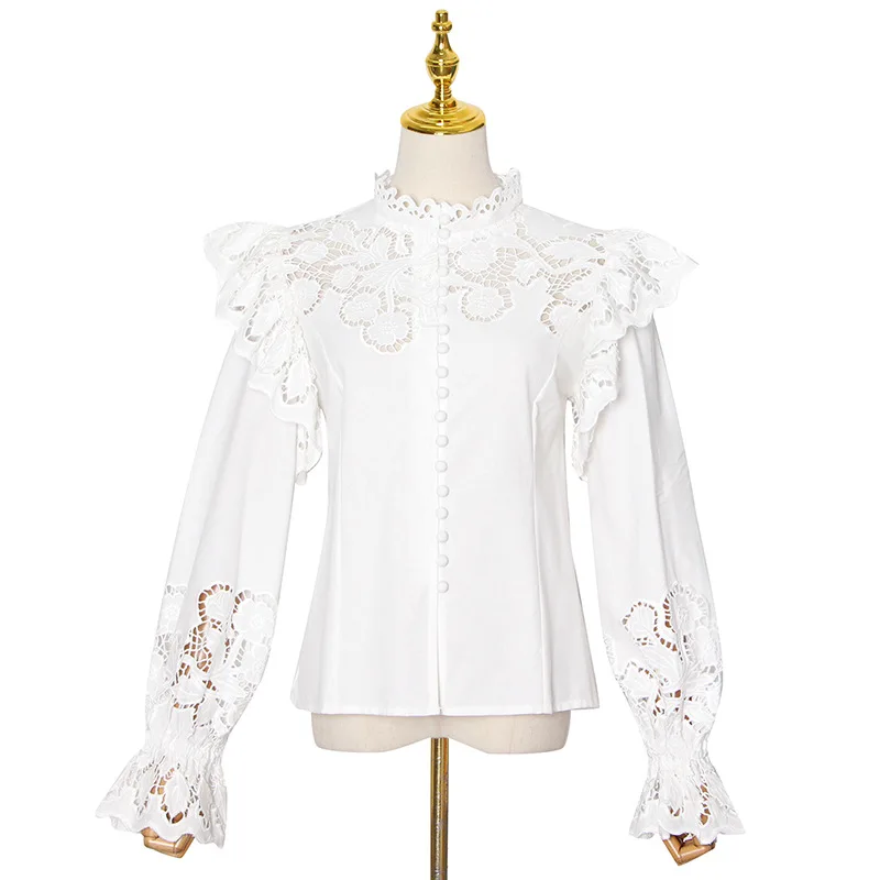 

In the spring of 2021 the new fashion temperament elegant collar hollow out single-breasted lantern sleeve blouse shirt female