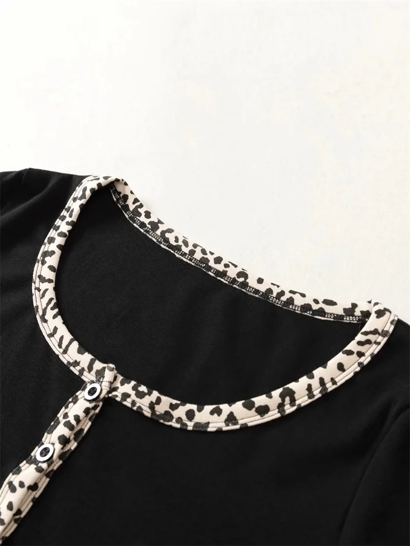 

Women Button Through Fitted Crop Top With Leopard Detailing