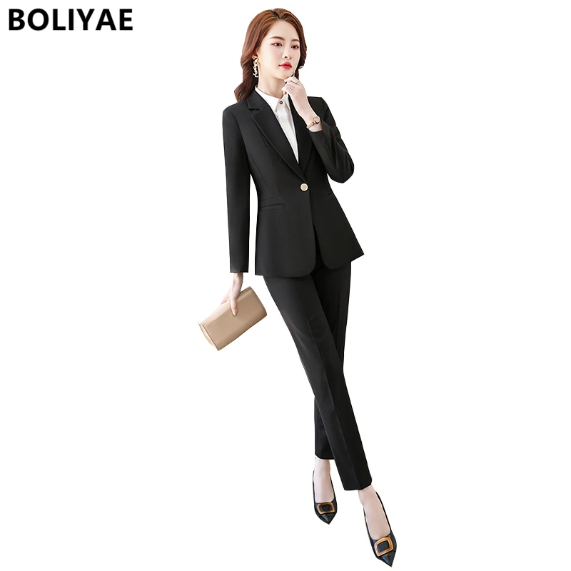 

Новинка весна-осень, профессиональные брючные костюмы Boliyae, костюм из двух предметов, деловые блейзеры, модная черная куртка, рабочая одежда