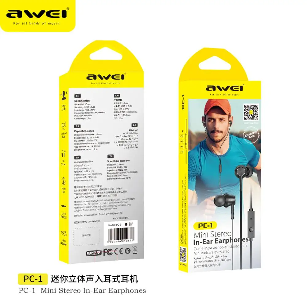 Наушники-вкладыши AWEI в ухо наушники для бега спортивные 3 5 мм Jack стерео звук