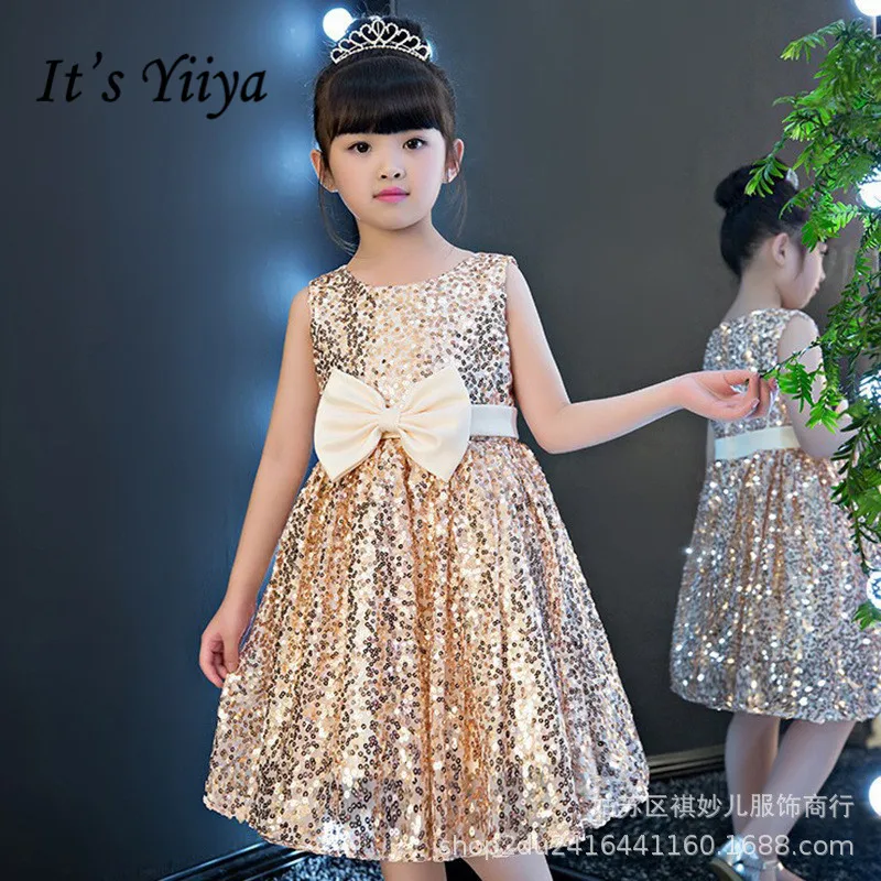 

Sparkling Flower Girl Dresses It's Yiiya B097 Sequins Champagne Big Bow Pegeant Dress 2020 O-neck Girls Princess Dresses Elegant