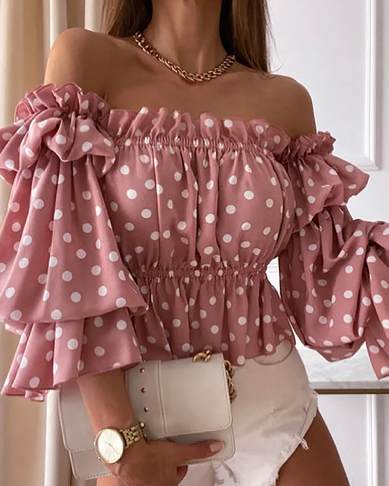 Elegant Femme Puff Sleeve Corset Blouse Polka Dot Print Off Shoulder Shirred Top Lady Outfits Tunics