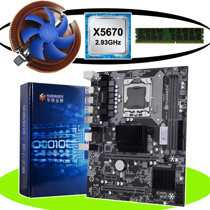 Материнская плата HUANANZHI X58 LGA1366 с ЦП Intel Xeon X5670 2 93 ГГц и кулер ОЗУ 8 ГБ DDR3 RECC года