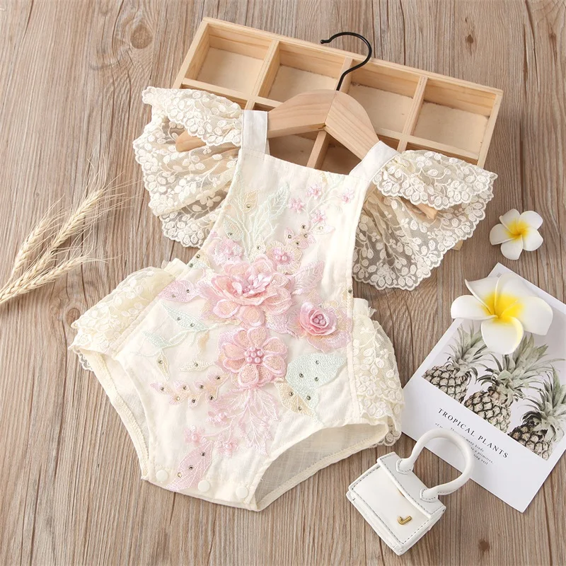 

1PCS Lace Flower Romper Infant Girls Clothes Summer Newborn Petal Sleeves Jumpsuits Appliques Flower Babysuits Baby Girl Outfits