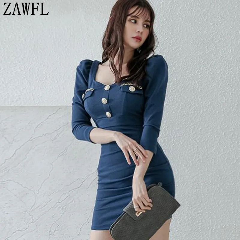 

Платье ZAWFL женское с открытыми плечами, однобортное тонкое офисное мини-платье с V-образным вырезом и пышными рукавами, с завышенной талией, ...
