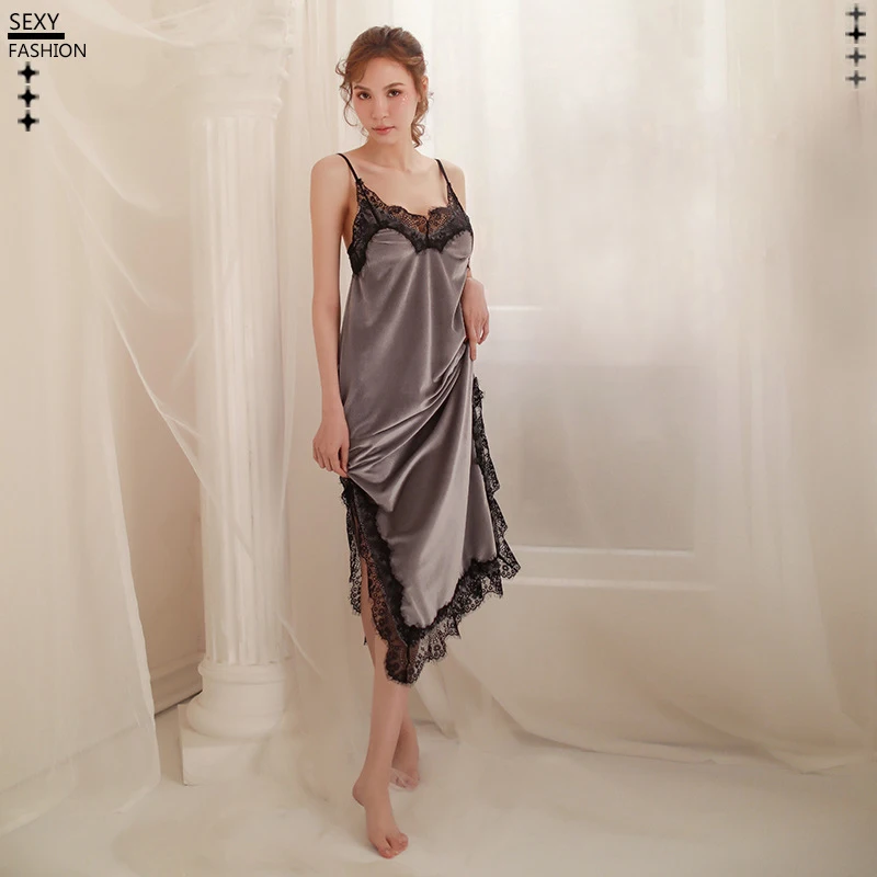 Ночная рубашка с золотистым бархатным ремешком элегантная кружевная ночная