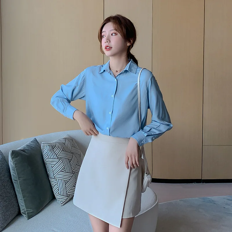 Spring Women Shirt Long Sleeve Korean Fashion Blue Shirts Autumn Women Streetwear Office Slim Blouse Elegant Ladies Tops