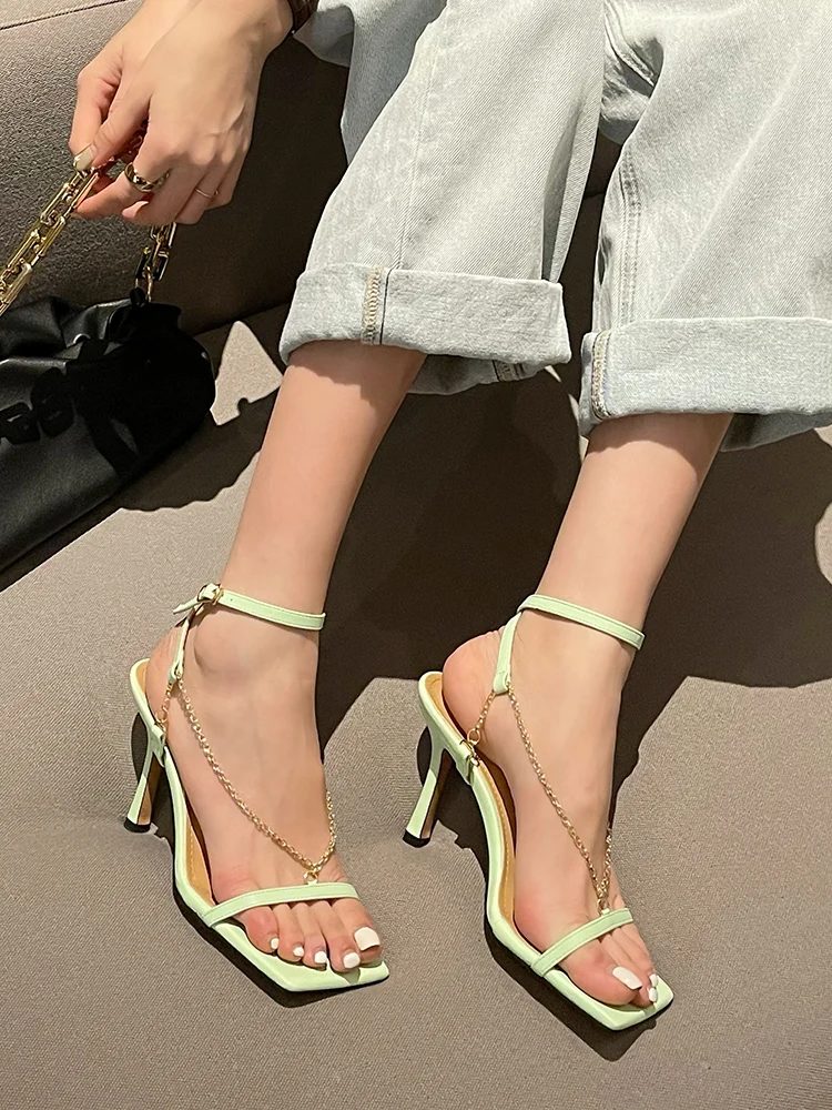 

Square toe chain sandals women 2021 new summer big brand stiletto open toe high heels
