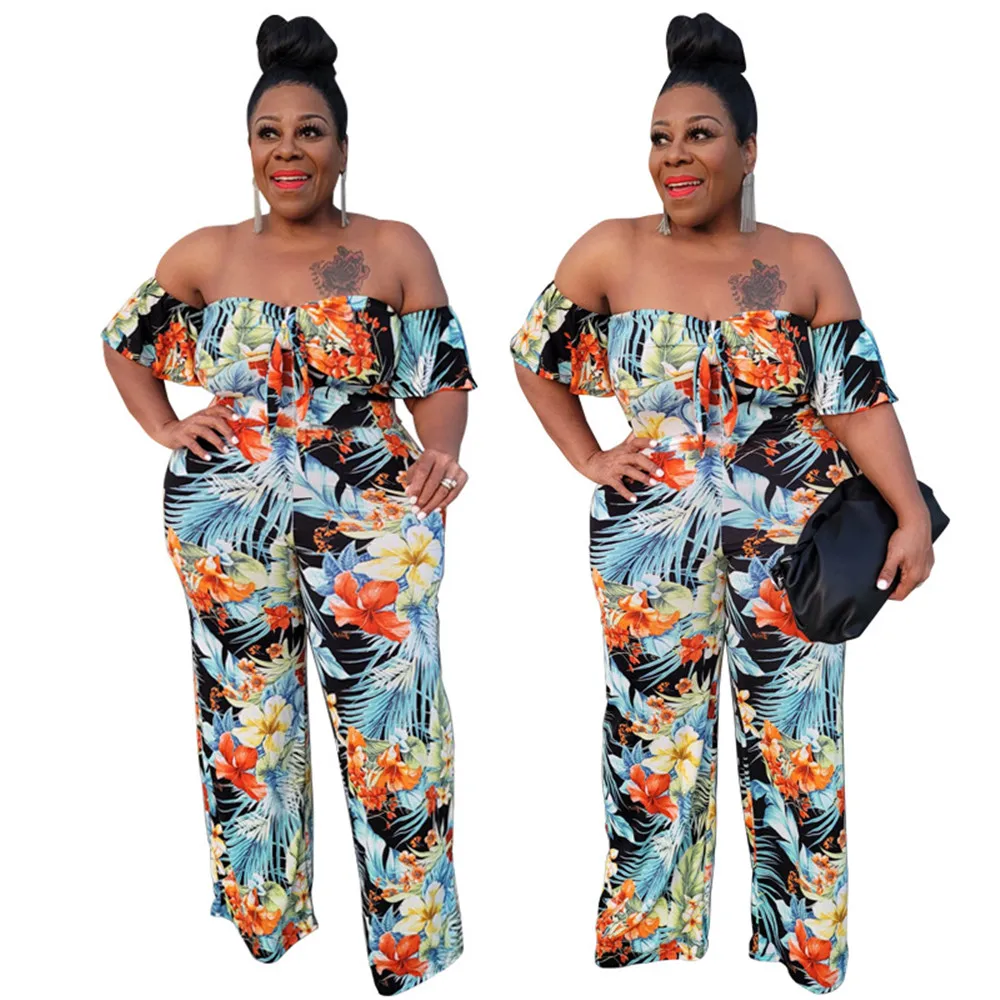 

Plus Size Rompers Printed Lace Decoration Fashion Casual Personality Design Short-sleeved One-way Neck Jumpsuit Wholesale Items