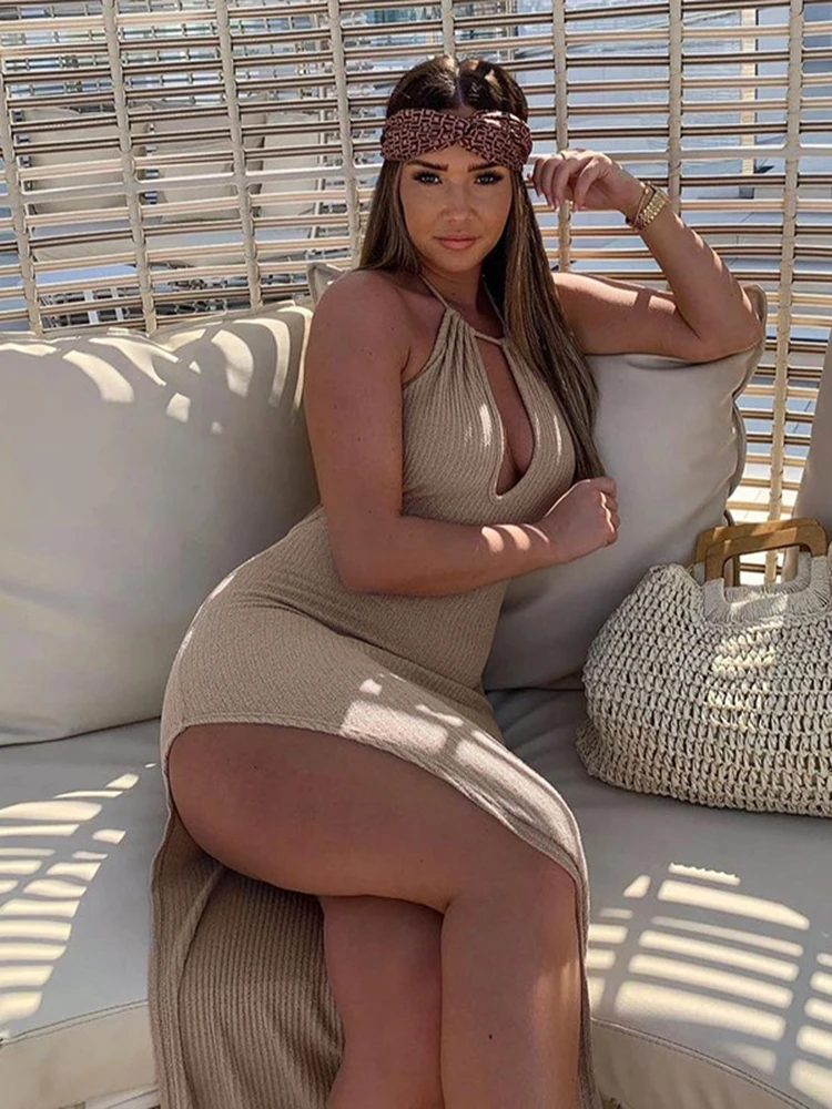 

Sibybo Sexy Backless Knitted Dress Women 2022 Spring V-Neck Halter Bodycon Long Dresses Femme Night Party Sleeveless Vestidos