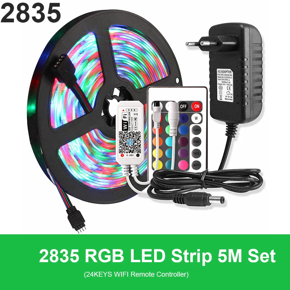 2835 24keys Wifi Set DC 12 В RGB Светодиодная лента Водонепроницаемая 220 В Tira светодиодный Wifi 12 В лента RGB лента 5050 Неоновая Гибкая лента светильник Bluetooth адаптер дистанционного питания - Испускаемый цвет: 2835 24keys Wifi Set