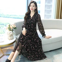 summer new slimming dignified goddess large swing ankle long sleeve small floral chiffon dress ladies aline mid v neck sexy fall
