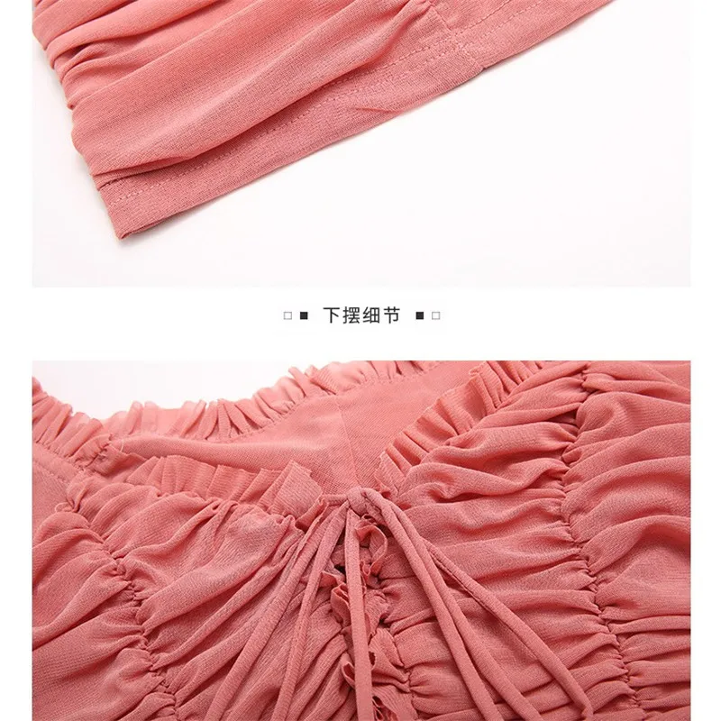 

New Sheath Sexy V-neck Pleated Dress Autumn Full Sleeve Hollow Out Adjustable Chest Straps Slim Mesh Patchwork Short Mini Dress