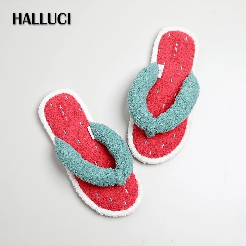 Милые женские домашние тапочки с открытым носком и арбузным мехом Домашние
