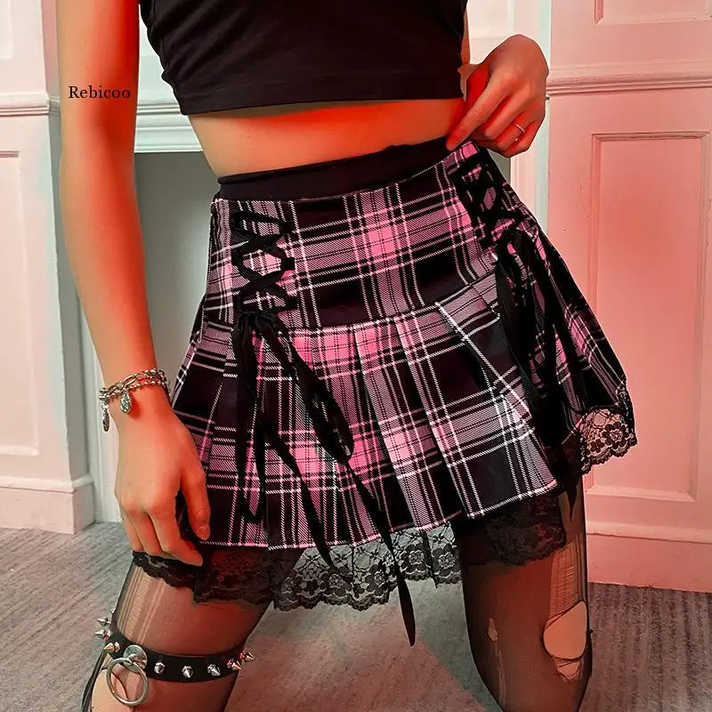 

Skirts Women Lace Up Goth Skirt Plaid Lace Up Mini Skirt Female Punk Style Ladies Skirt Summer Streetwear Black Sexy Jupe Femme