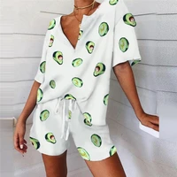 women short sleeve avocado heart print v neck tracksuit short sleeve drawstring short set casual two piece set