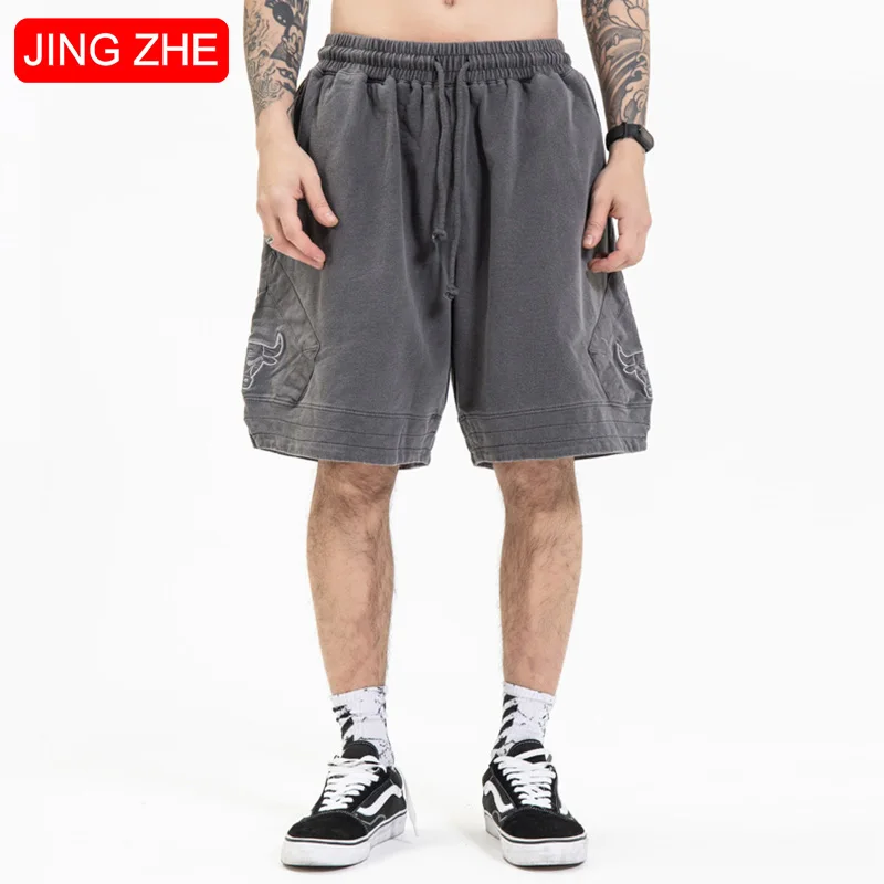 

JING ZHE Distressed Men's Shorts Casual Retro Pants Cow Head Embroidery Sweatshorts Hip Hop Streetwear Summer Sports Sweatpants