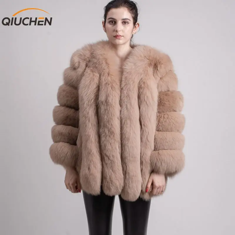 QIUCHEN PJ8128 Новое поступление женская зимняя шуба из натурального Лисьего меха горячая распродажа большой мех длинный рукав модная куртка для девочек