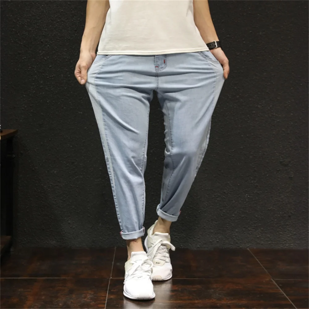 EH·MD® Seasonal Stitching Jeans Men's 3D Patch Decoration Stretch Youth Soft Cotton Slim-Fit Reflective Harem Pants Loose Cotton